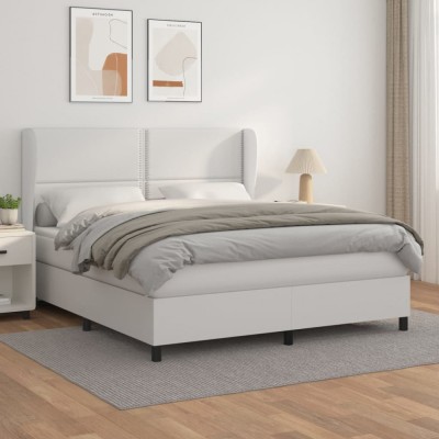 vidaXL Pat box spring cu saltea, alb, 160x200 cm, piele ecologică 3128980 foto