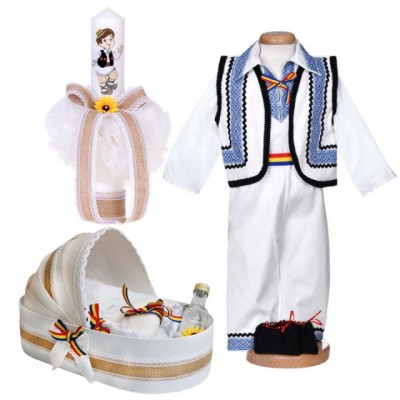 Set botez popular baiat, trusou botez landou, lumanare si costum national, foto