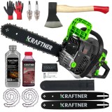 Cumpara ieftin Drujba benzina 58cc 8.3CP 400mm cu accesorii incluse: 2 lame, 2 lanturi, topor, manusi, uleiuri, bujii, ungere automata, pornire easy-start, maner ant