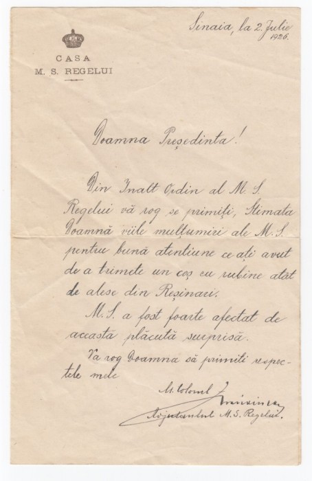 Scrisoare trimisa din partea Regelui Ferdinand catre Aurelia Goga redactata si semnata de catre adjutantul regelui - Sinaia 2 Iulie 1926