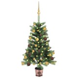 Brad Crăciun pre-iluminat artificial, set globuri, verde, 90 cm
