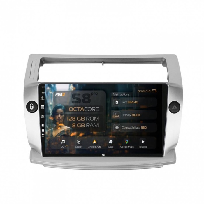 Navigatie Citroen C4 (2004-2014) 8GB RAM Android 13 Octacore Slot Sim 4G DSP GPS Wi-FI Carplay Android Auto USB Bluetooth Waze Touchscreen 9 Inch