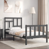 VidaXL Cadru de pat cu tăblie, gri, lemn masiv, small single