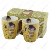 Set 2 cani din portelan 350 ml, &bdquo;The Kiss&rdquo;de Gustav Klimt, Ecru, in cutie decorativa