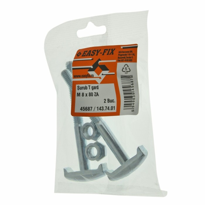 Surub T, pentru fixare gard, 35 mm, cu piulita, M 8 x 80 mm, set 2 bucati