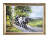 Tablou car cu boi pictat manual inramat, 90x70cm ulei pe panza, rama din lemn, reproducere Nicolae Grigorescu