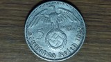 Germania nazista argint 900 - 5 Mark / Reichsmark 1937 F - litera rara, pentru cunoscatori - Paul von Hindenburg - printre cele mai cautate piese