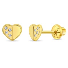Cercei din aur 14k, in forma de inima cu pietre Zirconia, pentru Fetite &ndash; Inchidere cu Surub pentru Siguranta
