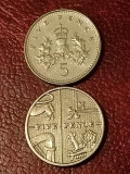 Lot 2 monede Anglia: (2 variante) 5 (five) pence 2008 veche + noua, stari UNC + Luciu. Discount conform descriere [10 - 20 %. Vezi descrierea.].