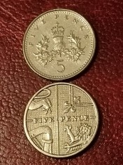 Lot 2 monede Anglia: (2 variante) 5 (five) pence 2008 veche + noua, stari UNC + Luciu. Discount conform descriere [10 - 20 %. Vezi descrierea.].