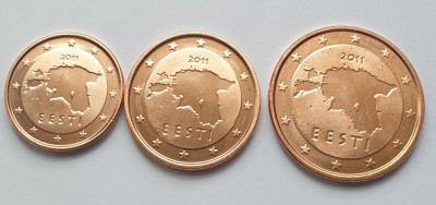 Set 3 monede 1, 2, 5 cents 2011 Estonia, unc, km#61-63 foto