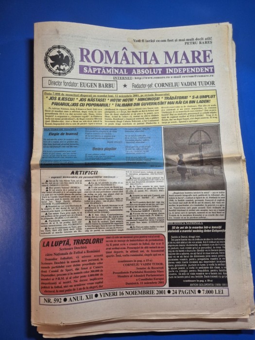 ziarul romania mare 16 noiembrie 2001 - redactor sef corneliu vadim tudor