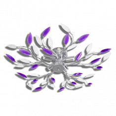 Plafoniera violet/albă brațe frunze cristal acrilic 5 becuri E14