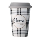 Cana ceramica de voiaj Pufo Home pentru cafea cu capac din silicon, 415 ml, gri deschis