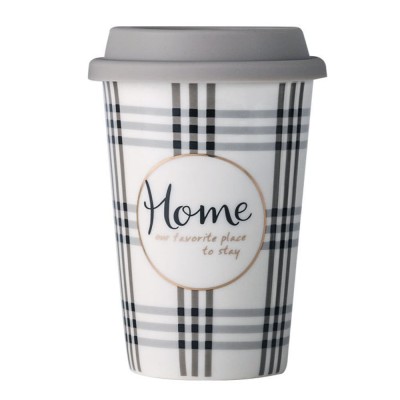 Cana ceramica de voiaj Pufo Home pentru cafea cu capac din silicon, 415 ml, gri deschis foto