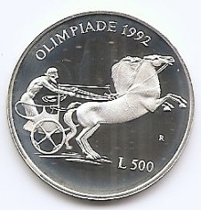 San Marino 500 Lire 1992 (Olympics) Argint 11g/835, 29 mm, V19, KM-276 UNC !!! foto