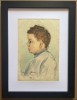 Tablou 1963 Portret Profil de Copil pictura acuarele inramat 35x46cm, Portrete, Acuarela, Realism