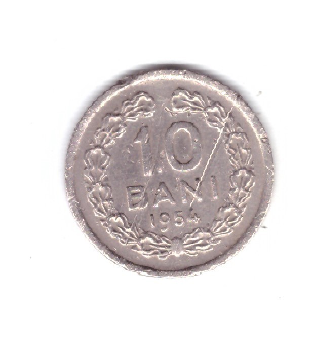 Moneda 10 bani 1954, zgariata pe avers, curata