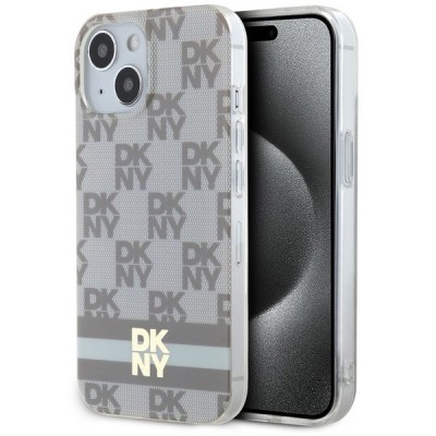 Husa MagSafe pentru Apple iPhone 15, DKNY, Checkered Mono Pattern &amp;amp; Printed Stripes, Bej foto