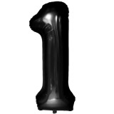 Balon din folie metalizata, flippy, figurina cifra, tema aniversare 80 cm, ambalaj individual, pai inclus, umflare cu aer sau heliu, negru, cifra 1