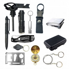 Kit supravietuire multifunctional, 12 accesorii, lanterna, patura termica, busola, cutie depozitare foto