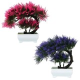 Set 2 Bonsai Artificiali Decorativi in Ghivechi, 1 Mov si 1 Roz, 28 cm