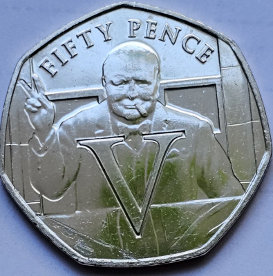 50 pence 2020 Isle of Man , Winston Churchill- V for Victory, unc-Aunc foto