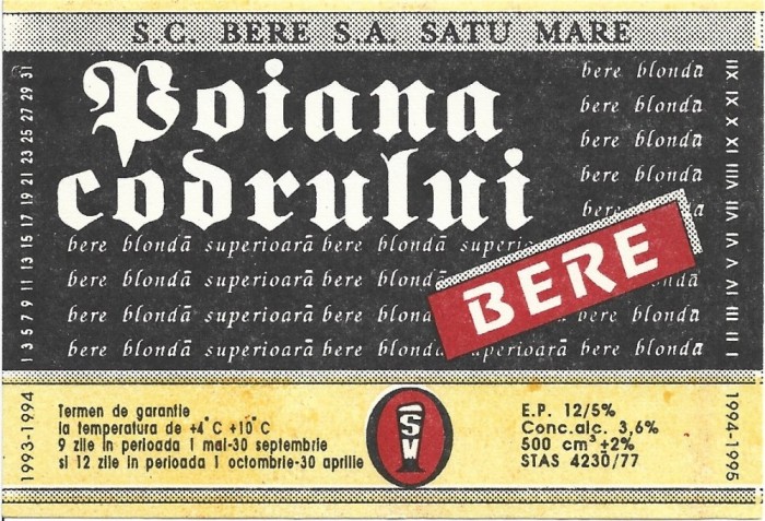 NI431 Etichetă bere Poiana codrului, 1994-1995, SC Bere SA Satu Mare