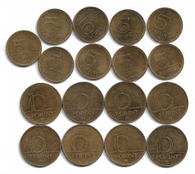 UNGARIA - Set Monede 10 Forint si 5 Forint Aurite = 17 bucati foto