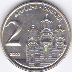 Moneda Iugoslavia 2 Dinari 2002 - KM#181 UNC ( cu luciu, din fisic )