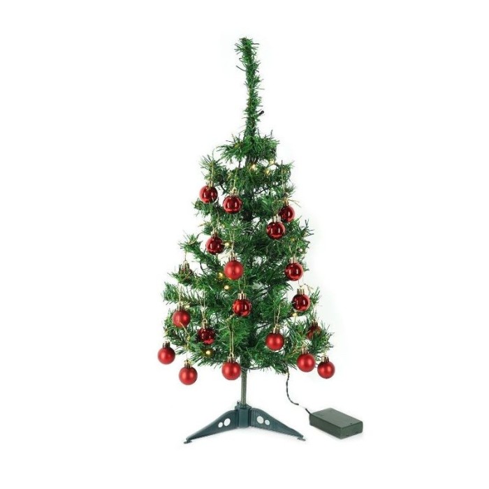 Brad Artificial Impodobit, 60cm, Suport Plastic cu Instalatie Luminoasa 20 Led Alb Cald + 20 Globuri Rosii Incluse, eMazing