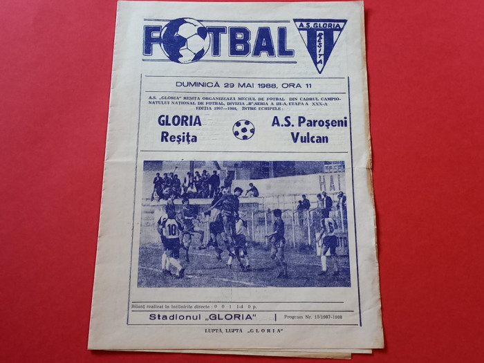 Program meci fotbal GLORIA RESITA - AS PAROSENI VULCAN (29.05.1988)