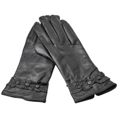 Manusi Dama din Piele Naturala pentru Toamna-Iarna - Design Elegant cu Volane, Subtiri si Confortabile, Negru Glossy, S Negru Glossy 15-16.5 CM