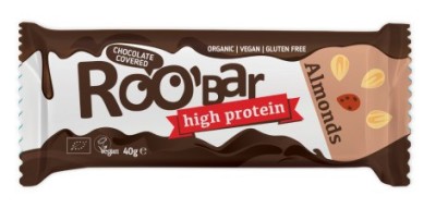 Baton proteic cu migdale invelit in ciocolata bio 40g Roobar foto