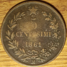 Italia -moneda colectie bronz- 5 centesimi 1861 M (Milan) - Vittorio Emanuele II