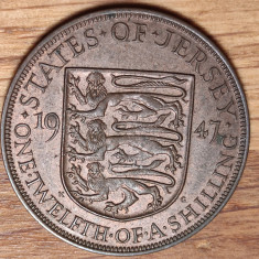 Jersey - moneda de colectie bronz rara - 1 / 12 shilling 1947 - George VI - aunc
