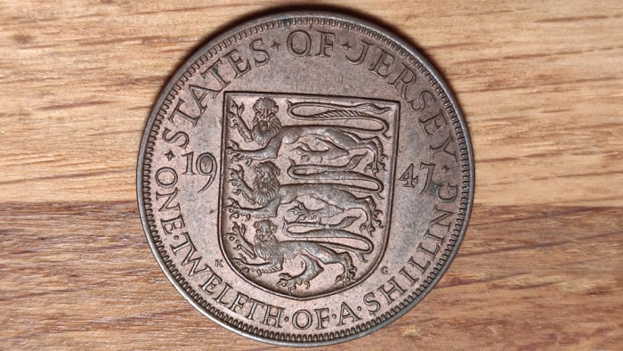 R08 Jersey - moneda de colectie bronz rara - 1 / 12 shilling 1947 - George VI - aunc