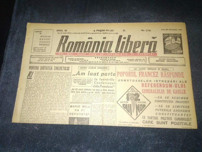 ZIARUL ROMANIA LIBERA 22 OCTOMBRIE 1945