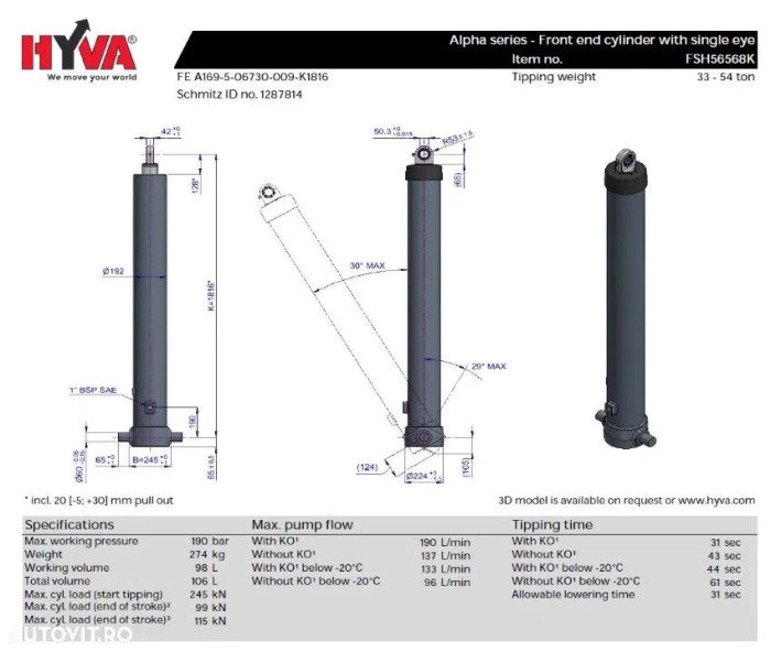 Cilindru basculare hyva FSH56568K FE A169-5-06730-009-K1816