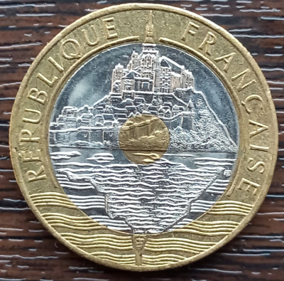 (S) MONEDA FRANTA - 20 FRANCS 1993, MONT ST. MICHEL, TRIMETALICA foto