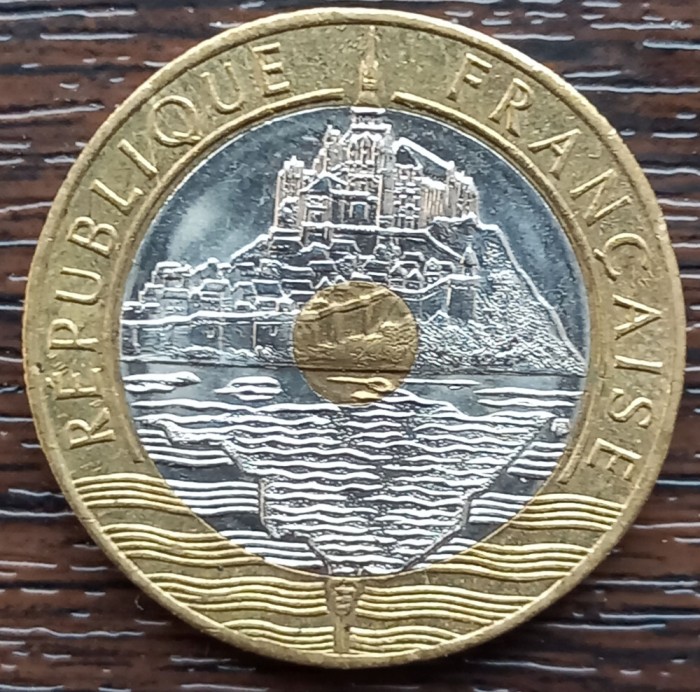 (S) MONEDA FRANTA - 20 FRANCS 1993, MONT ST. MICHEL, TRIMETALICA