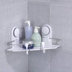 Etajera de colt cu ventuza, alb si metal, waterproof, pentru baie foto
