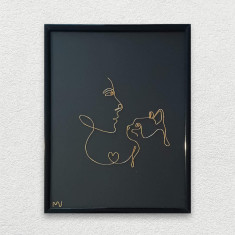 Love cat, tablou din fir continuu de sarma placata cu aur, 19×25 cm