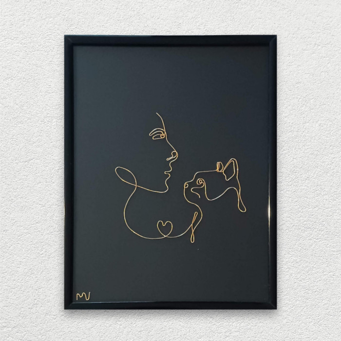 Love cat, tablou din fir continuu de sarma placata cu aur, 19&times;25 cm