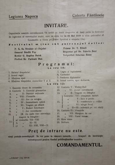 Cercetasia: Inivitatie a Legiunii Napoca, Cohorta Fantanele, din mai 1928