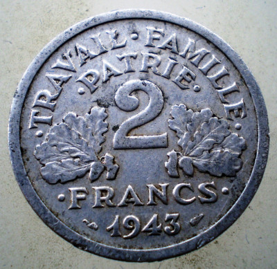 1.103 FRANTA VICHY WWII 2 FRANCS FRANCI 1943 foto