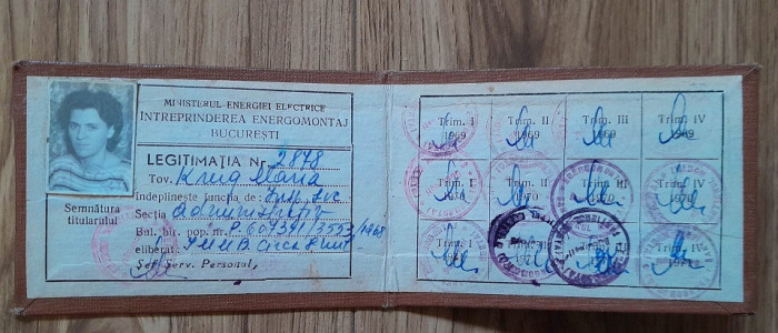 1969, Legitimatie ENERGOMONTAJ Bucuresti comunism industrie romaneasca epoca aur