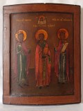 Icoana veche pe lemn, Sfintii Sergiu, Vasile si Paraschiva, documentatie, sec. 18, 39,4x31,6cm