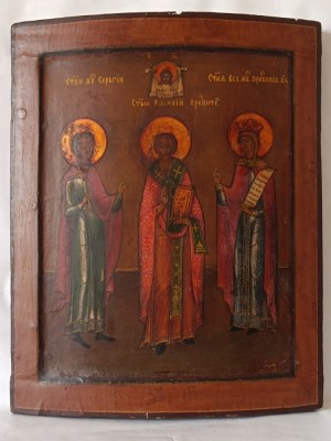 Icoana veche pe lemn, Sfintii Sergiu, Vasile si Paraschiva, documentatie, sec. 18, 39,4x31,6cm foto