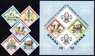 DB1 Ghana 1972 Cercetasia 65 Ani Baden Powell 5 v. + SS MNH foto